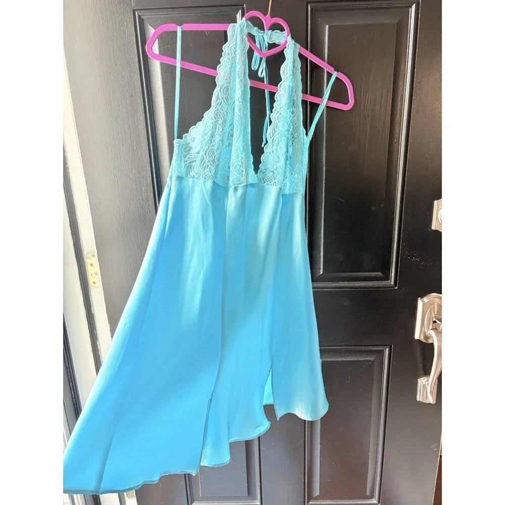 VTG Frederick’s of Hollywood Blue Satin Lace Dress Lingerie Size L Sexy Backless - Picture 3 of 11